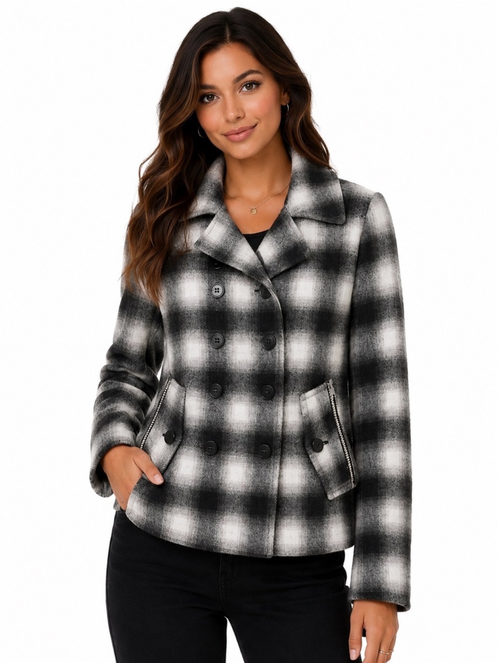 GAP Black White Plaid Double-Breasted Peacoat Wool Blend Coat — XS
